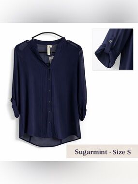 Sugarmint Navy Sheer Pleated Button-Front Blouse Roll Tab Sleeve Top Size S